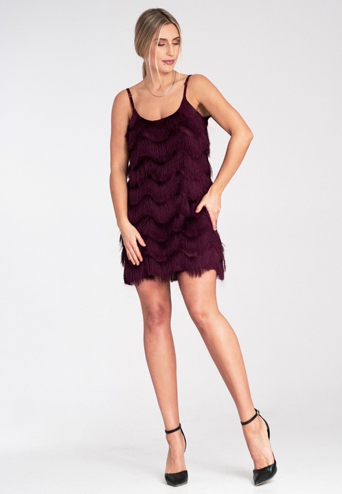 Rochie Figl cu franjuri, burgundy, scurta, eleganta, fara maneci, material luxos, S-M INTL