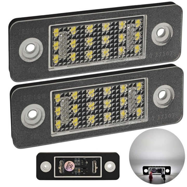 Lampa de inmatriculare LED, motoLEDy, Set 2 piese, pentru Volvo C30 (2006-2012), 18 LED-uri SMD 3014, 450lm/bucata, 12V, Unghi iluminare 180°, Fara eroare CANBUS, Durata de viata 50.000 ore, Omologare E9, OEM 31213991, Culoare Alb Xenon 5500K