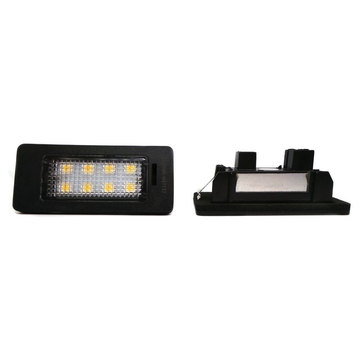 Lampa LED pentru iluminare placuta de inmatriculare, motoLEDy, Set 2 piese, 350lm/bucata, Alb Xenon 5500K, CANBUS, 8 Diode SMD 5050, 12V, Omologare E8, Compatibil BMW Seria 1, 3, 4, 5, M3, X1, X5, Unghi 180°, Durata de viata 50000h