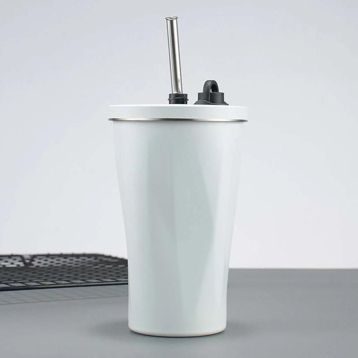 Pahar cu pai din otel inoxidabil YANYXR, capacitate 600ml, izolat vid, alb