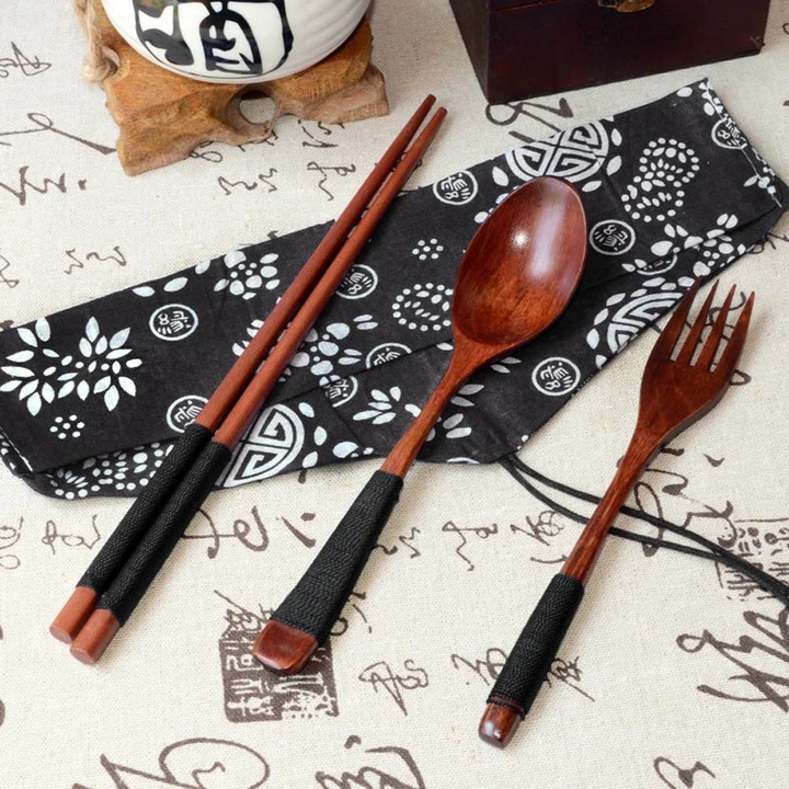 YANYXR vintage japán fa evőeszköz készlet, barna, 18.5x17.5x22.5cm, 3 darab