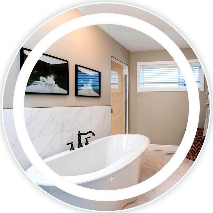 Oglinda rotunda suspendata, MOVETINO, design modern, iluminare LED, buton tactil, control intensitate, priza, pentru living, dormitor, baie, dressing, hol, 80cm