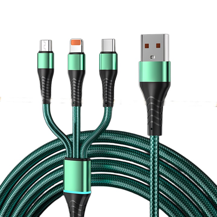 Cablu de incarcare 3 in 1, 4ft, USB-C/Micro-USB/Lightning, set de 3 bucati, verde
