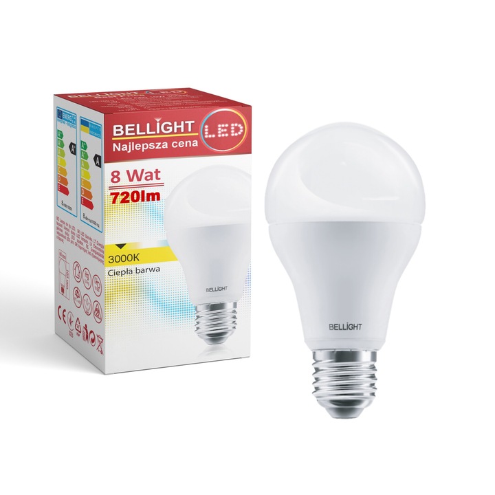 LED крушка A60 8W 3000K E27 BELLIGHT 720lm, Класическа, Клас F