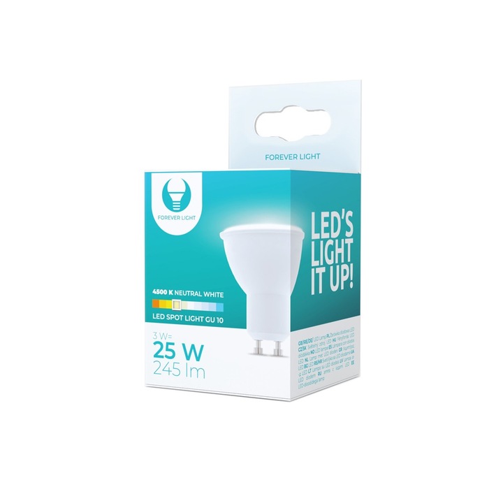 Bec LED GU10 3W 4500K 245lm, Forever Light, Clasa F, Clasic