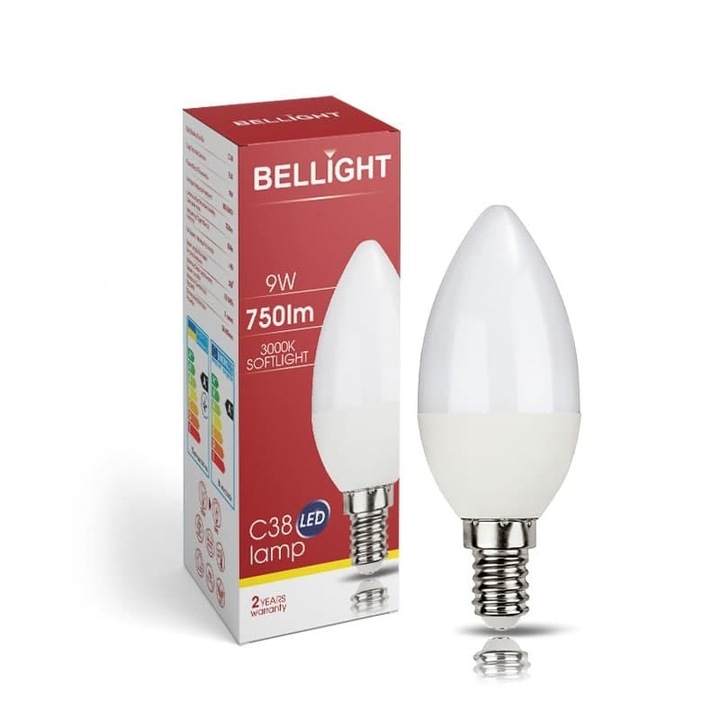Bec LED BELLIGHT C38 E14 9W 3000K, forma candela, clasa F