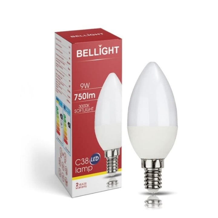 Bec LED BELLIGHT C38 E14 9W 3000K, forma candela, clasa F