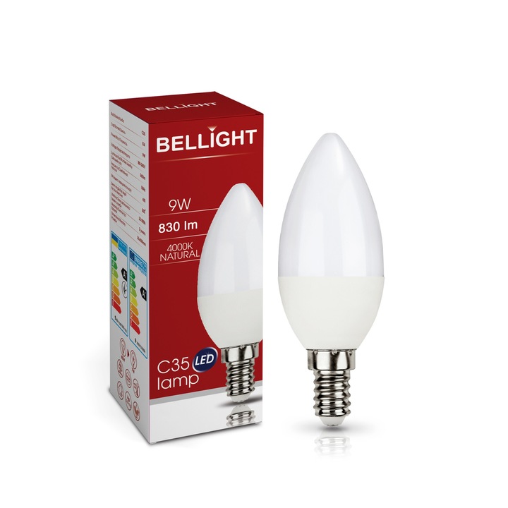 Bec LED BELLIGHT C38 E14 9W 4000K, forma de candela, clasa F