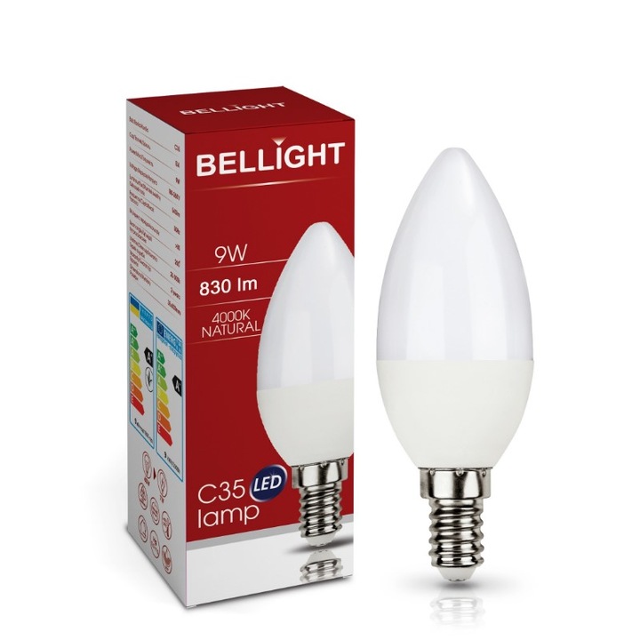 Bec LED BELLIGHT C38 E14 9W 4000K, forma de candela, clasa F