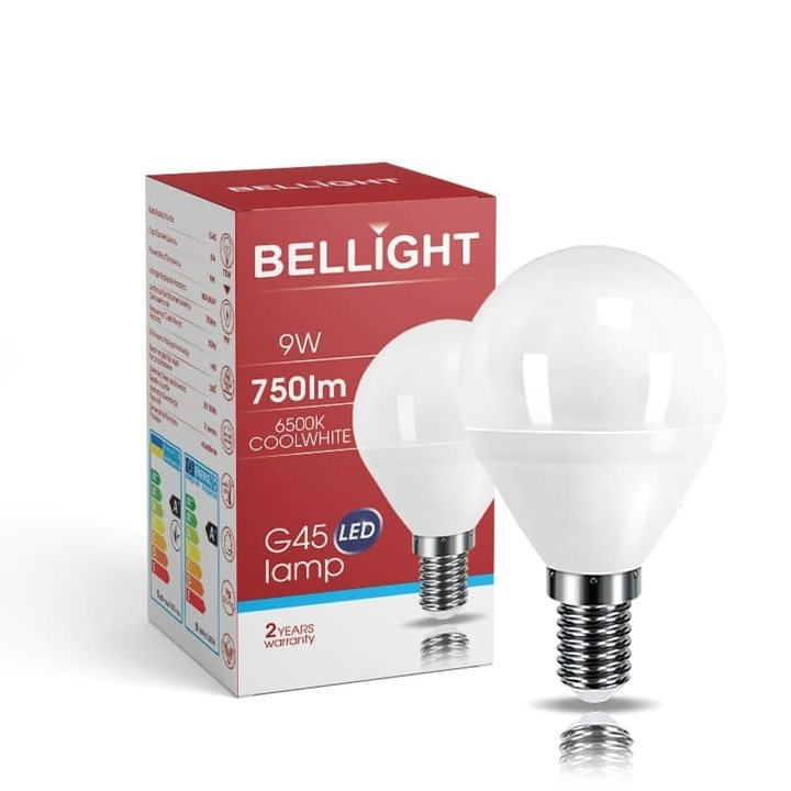 Bec LED BELLIGHT G45 E14 9W 6500K alb rece, 200° iluminare