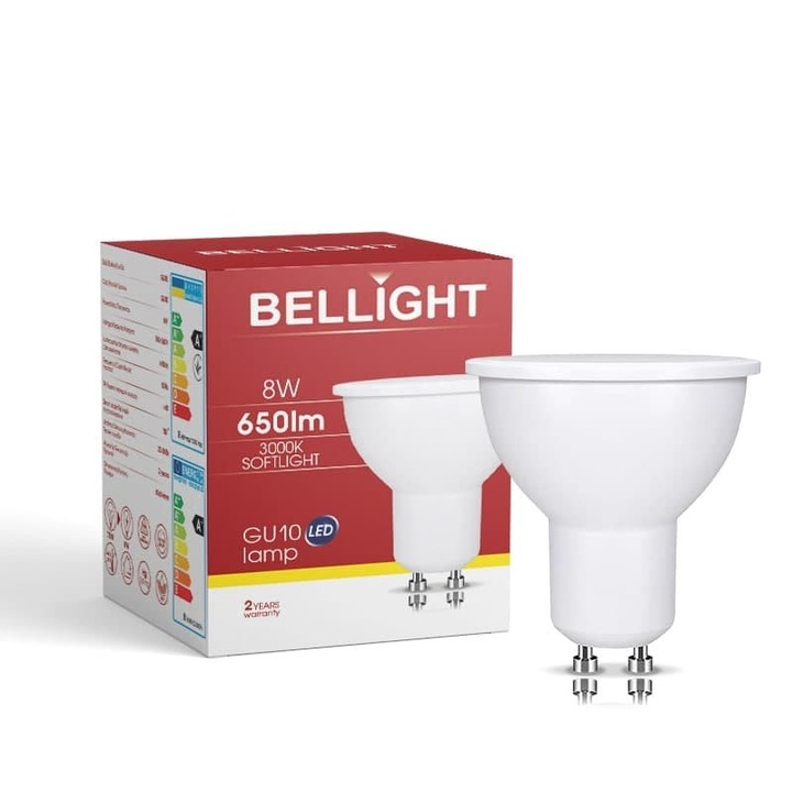 Bec LED BELLIGHT GU10 8W 3000K, forma reflector, clasa F