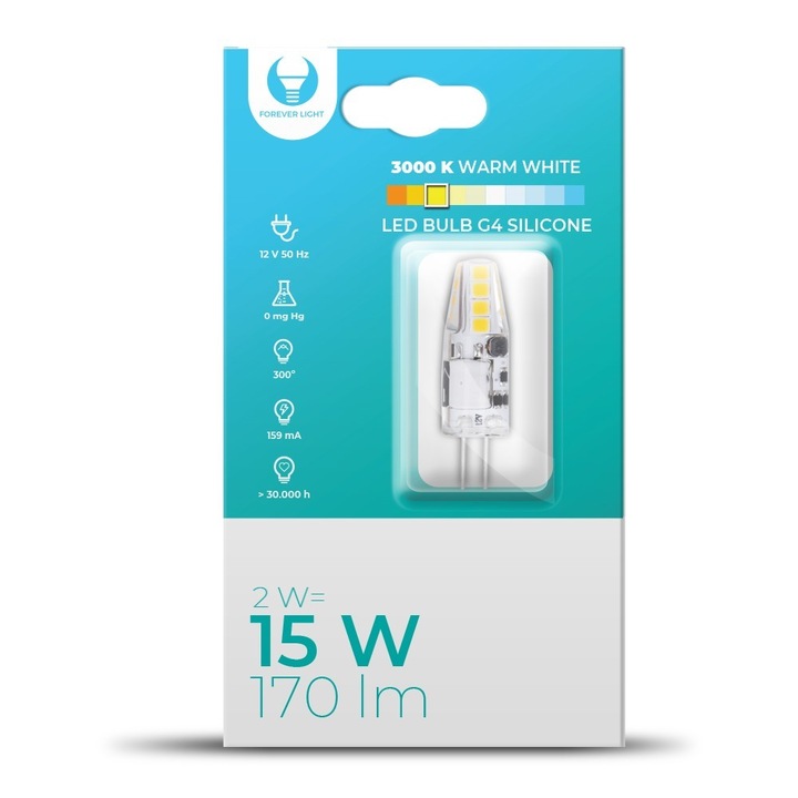 Bec LED G4 Forever Light, 2W, 12V, 3000K, 170lm, Transparent