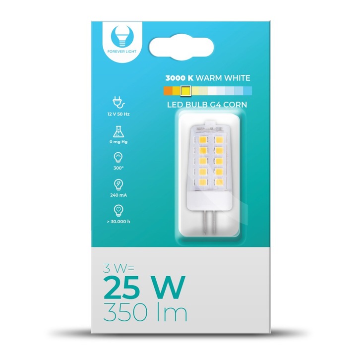G4 LED крушка 3W 12V 3000K 350lm Forever Light, прозрачна