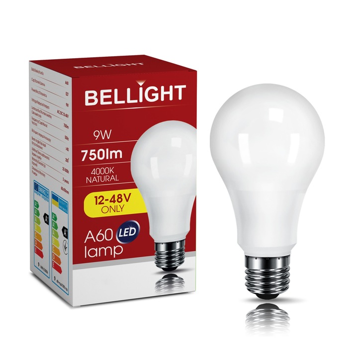 Bec LED 9W E27 12-48V AC/DC 4000K, BELLIGHT, clasic, energie redusa