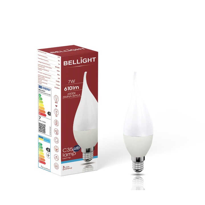 Bec LED BELLIGHT C35 E14, 7W, 6500K, 610lm, forma de candela