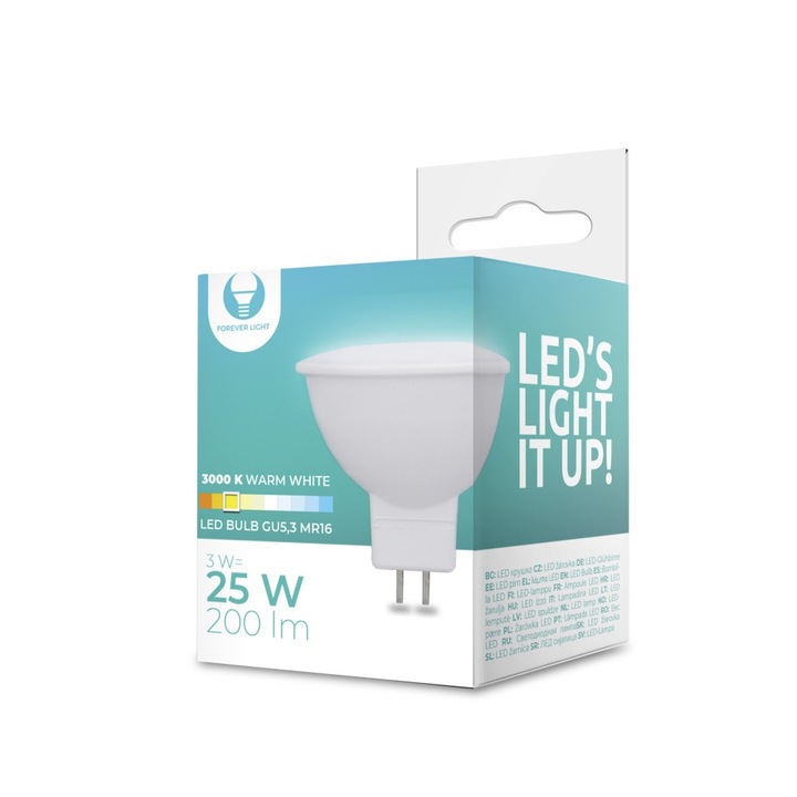 Bec LED MR16 3W 12V 3000K 200lm Forever Light, clasic, soclu tip GU5,3, eficienta energetica clasa G