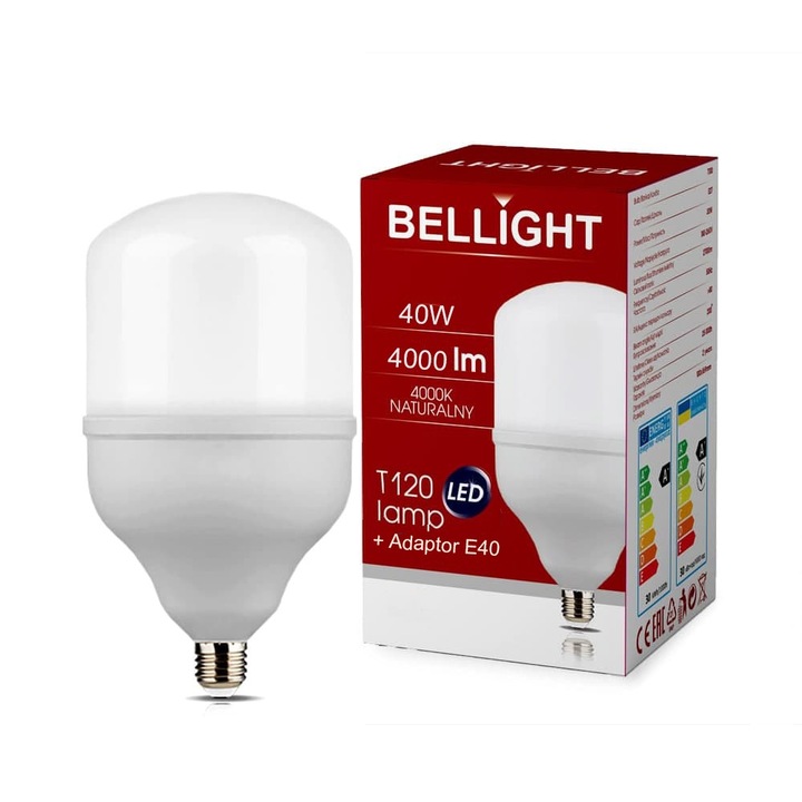 Bec LED BELLIGHT E27, 40W, 4000K, 4000lm, set cu adaptor E27-E40