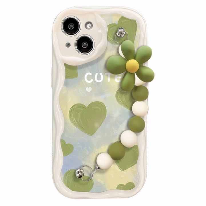 Husa telefon pentru iPhone 15, verde pastel, design elegant, cu bratara din margele