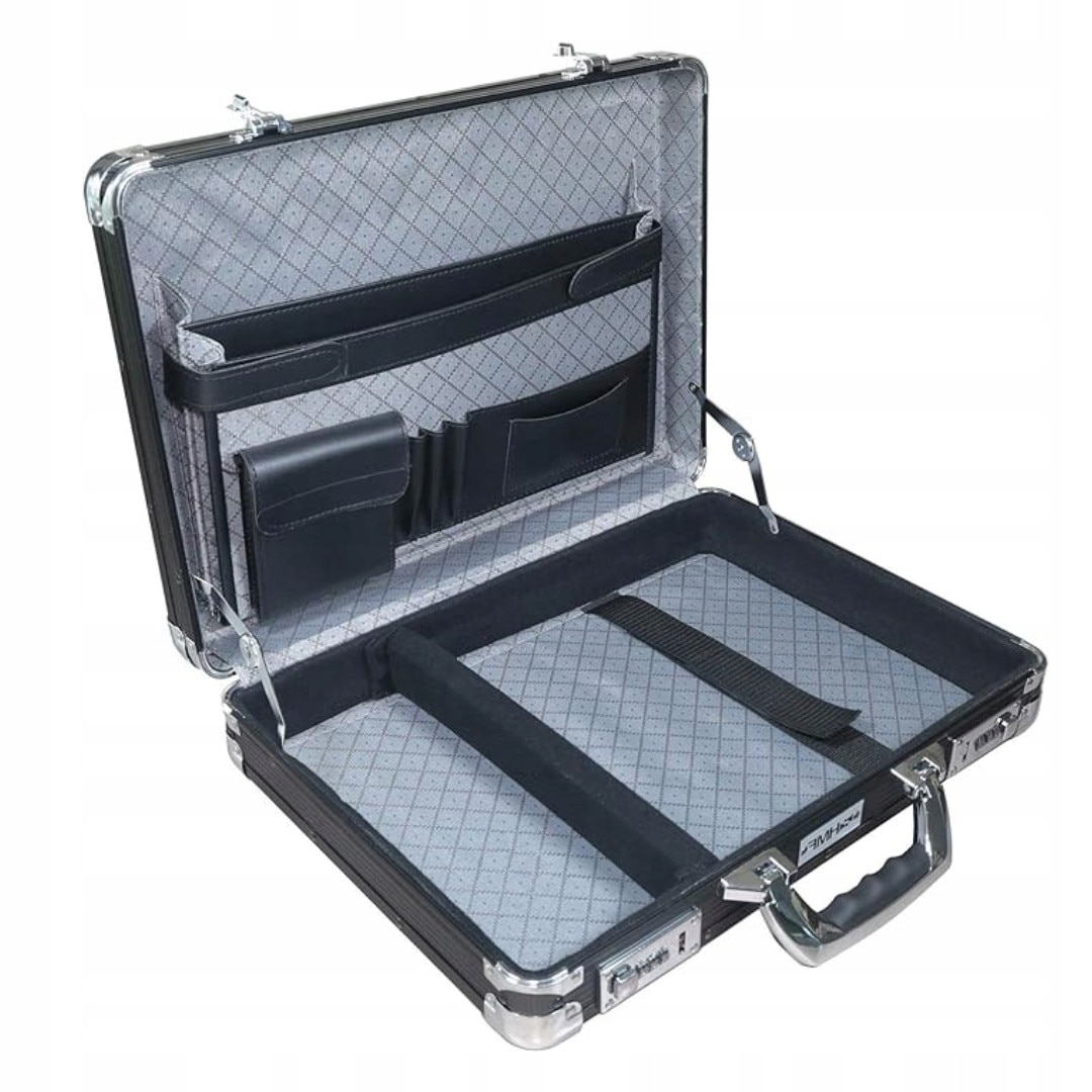 Geanta laptop HMF, neagra, 45x33x11cm, cu incuietoare cu cifru, structura din aluminiu