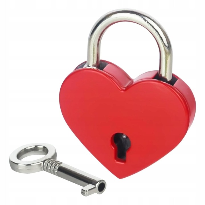 Mini lacat decorativ cu cheie, TRS, forma inima, rosu/argintiu, 3.9x3x0.7 cm