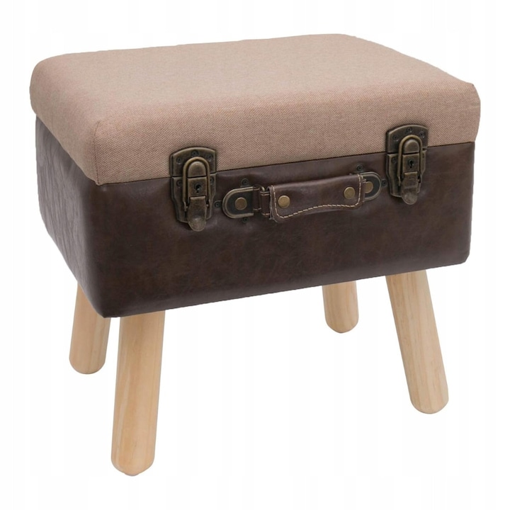 Taburet vintage TRS, cu depozitare, lemn, maro, interior textil negru, capac căptușit