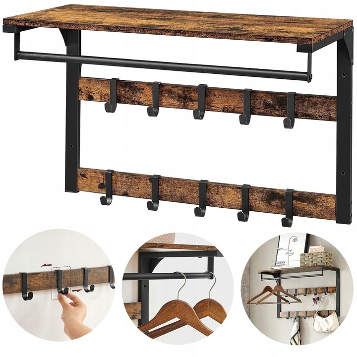 Cuier cu suport pentru haine, VASAGLE, vintage brun-negru, 65x30x42cm, set cu polita si carlige