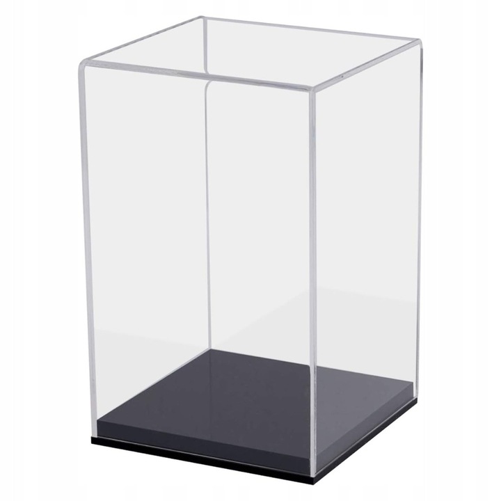 Gablota acrilica, TRS, pentru modele de masini si figurine, transparenta, 14x22x14 cm, baza neagra cu efect de oglinda