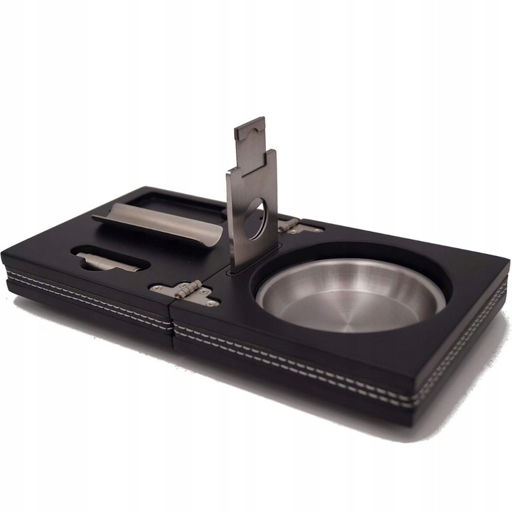 GERMANUS cigaretta dohányzási kellékkészlet, csikkenyéltartó, vágó, lyukasztó, fekete, 12x12x8cm