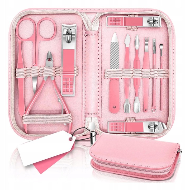 Trusa manichiura 12 in 1, TRS, piele ecologica roz, 8x15x2.3cm