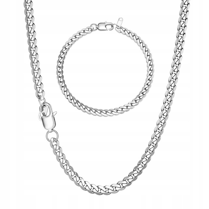 Set lantisor si bratara barbati, 46 cm, 5 mm, inox, argintiu