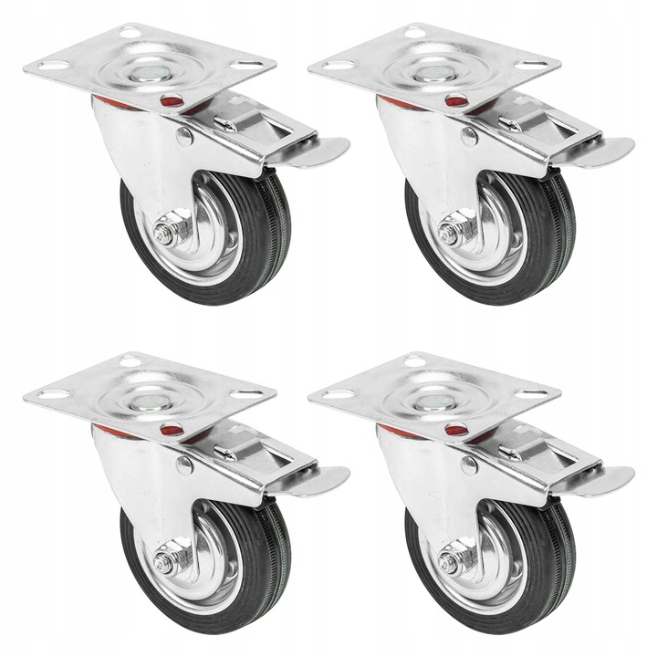 Set 4 roti de transport TRS, 75 mm, cu frana, din cauciuc, capacitate 200 kg