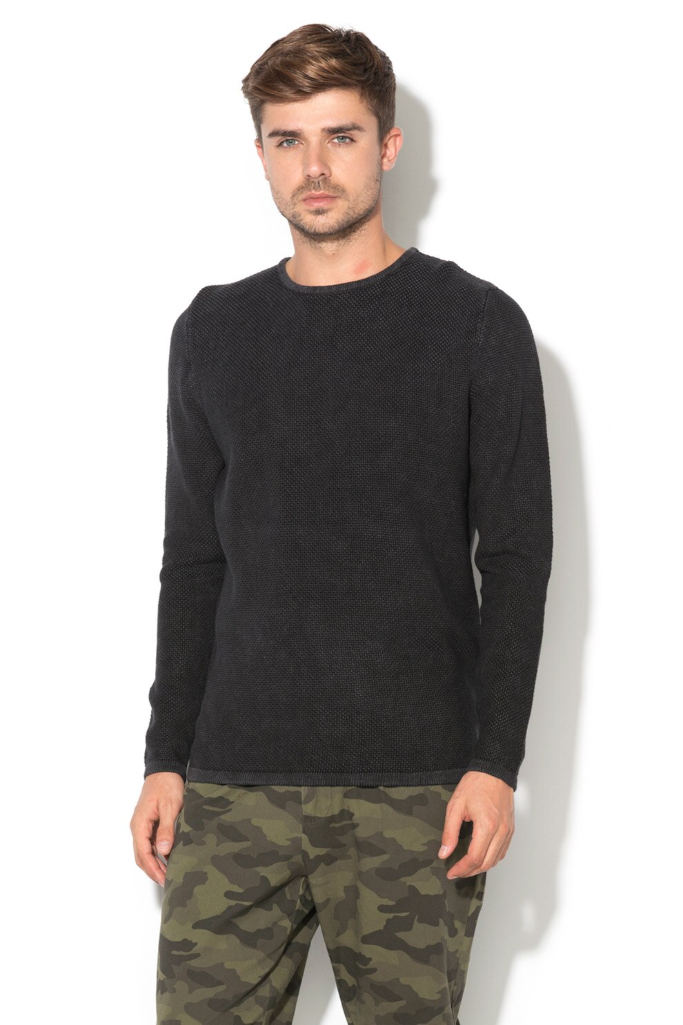 Only & Sons, Pulover texturat cu decolteu la baza gatului Hugh, Negru stins, S