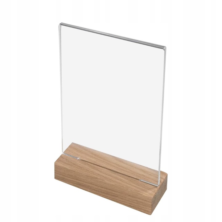 Suport birou TRS T-Stand, acrilic transparent, dimensiuni 15x24x5cm, cu baza din lemn de stejar, format A5