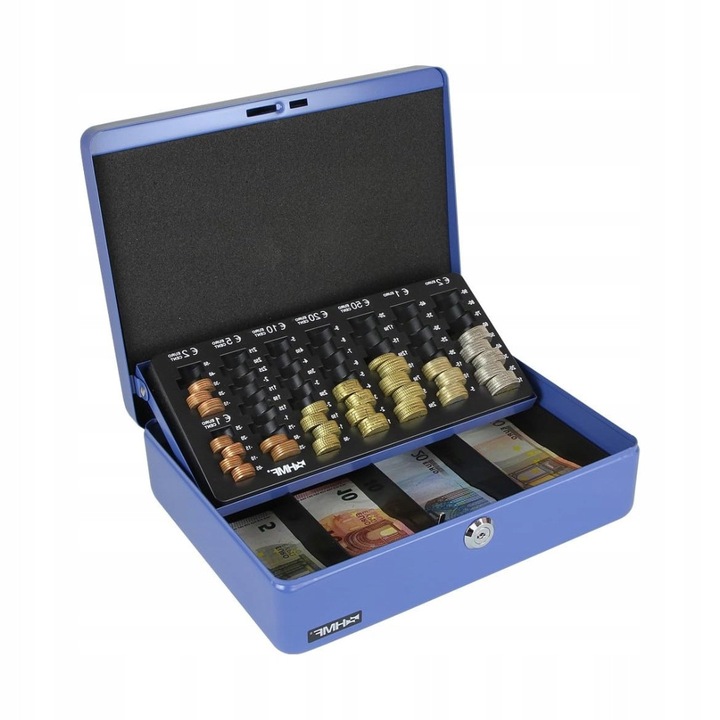 Seif pentru bani, cu incuietoare, portabil, 30x24x9cm, albastru, cu compartimente pentru monede si bancnote