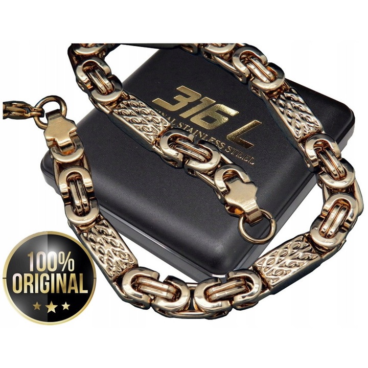 Lant dama, Boston Jewellery, bratara si lant, otel chirurgical 316L, aurire 18K, 22,5cm x 60cm, 6mm x 4mm