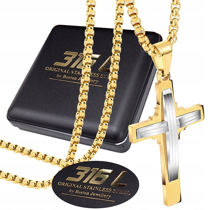 Lant cu cruce, Boston Jewellery, otel chirurgical 316L, placat cu aur 18k, 60 cm