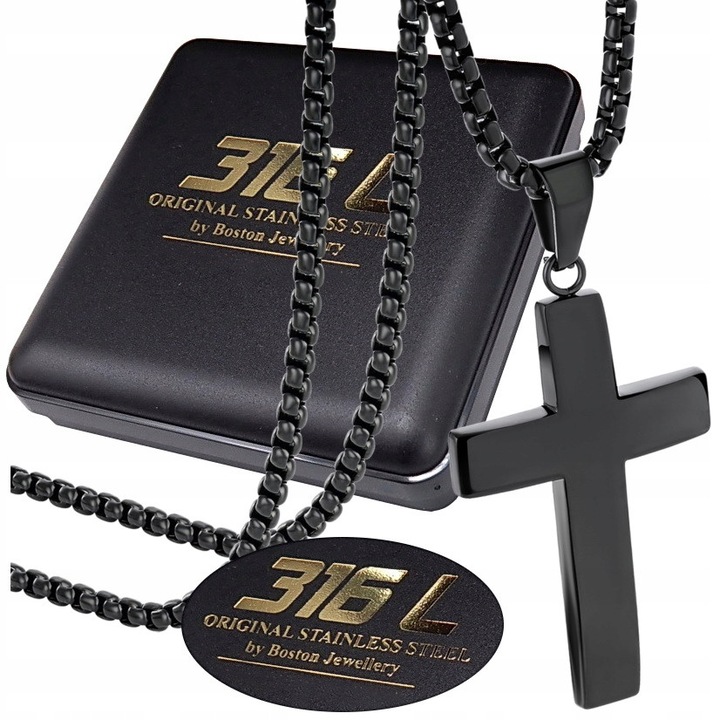 Lant negru cu cruce, Boston Jewellery, otel chirurgical 316L, 60cm