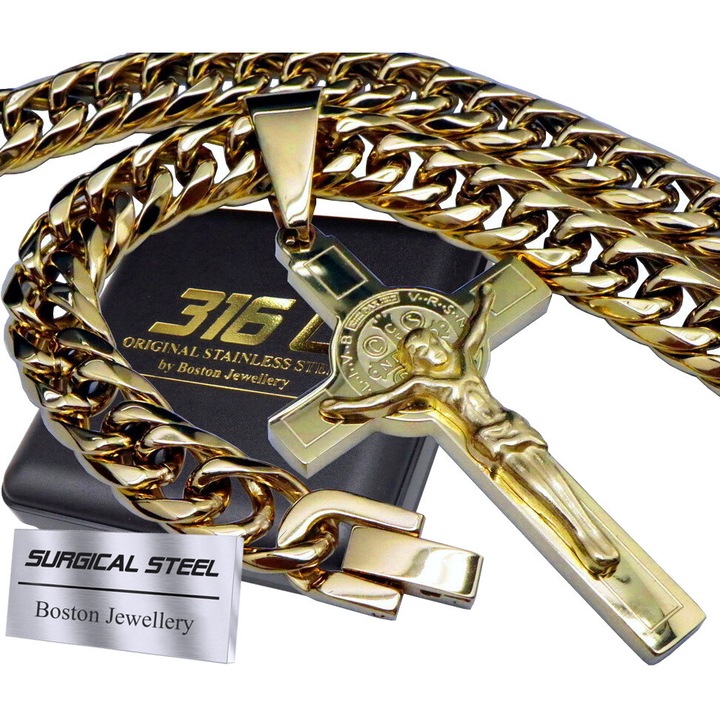 Lantisor Boston Jewellery set cruce dubla aur 18K 9mm 60cm inox 316L