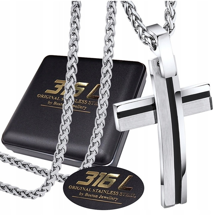 Lantisor cu cruce, Boston Jewellery, otel chirurgical 316L, 60cm, 4mm, argintiu