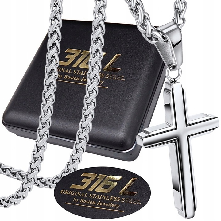 Lant cu cruce, Boston Jewellery, otel chirurgical 316L, 60cm, argintiu