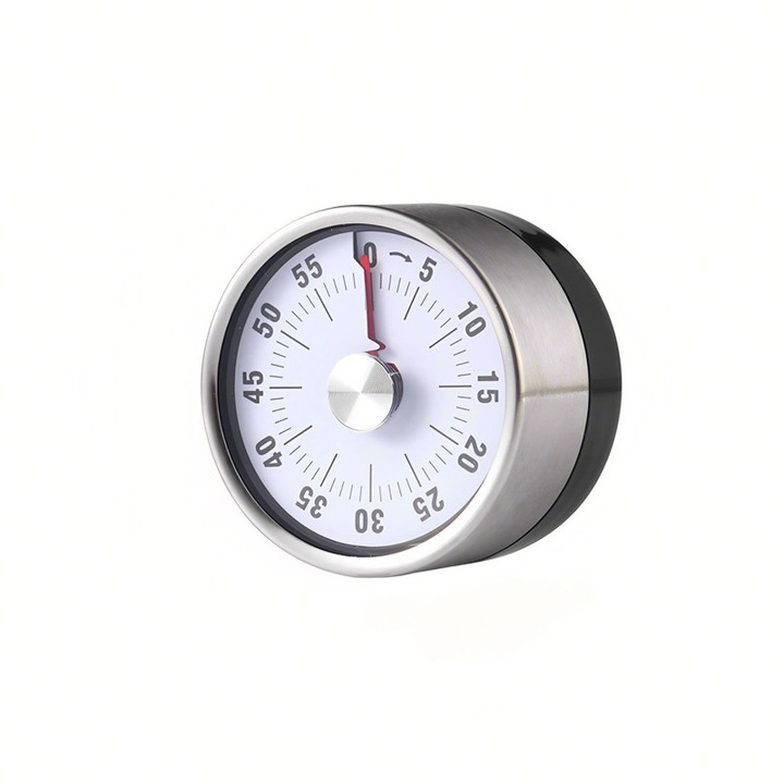 Timer mecanic din otel inoxidabil, fara baterie, alb, 60x37mm