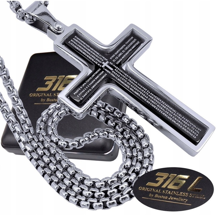 Lant cu cruce rotativa, Boston Jewellery, otel chirurgical 316L, argintiu/negru, 60cm