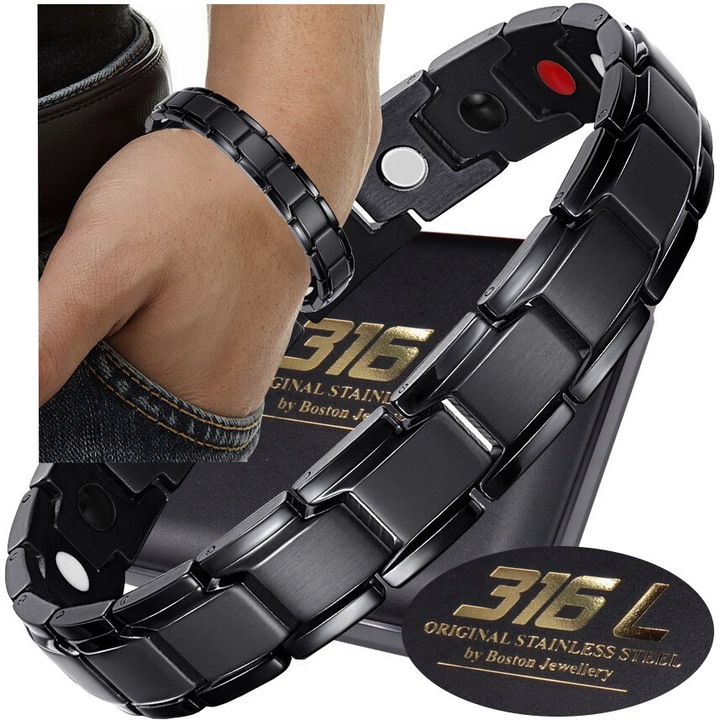 Bratara barbati, Boston Jewellery, din otel inoxidabil 316L, neagra, 21,5x1,2cm, cu magneti neodim si insertii bioceramice