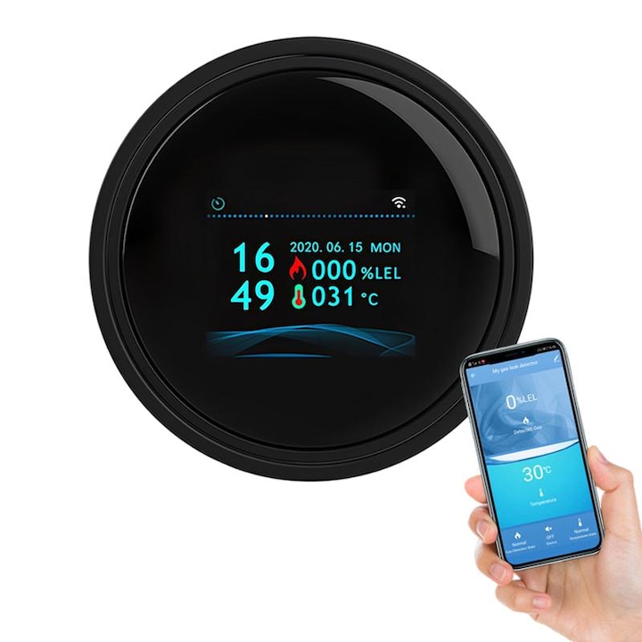 Senzor Detector de Gaz, Fudisenn®, Smart, Wireless, Compatibil cu Aplicatia Tuya, Display LCD, Alarma de gaz, Temperatura, Afisarea ceasului, Alerta pe Telefon, Portabil, Solicitare vocala, pentru Detectie Scurgere de Gaze, Negru