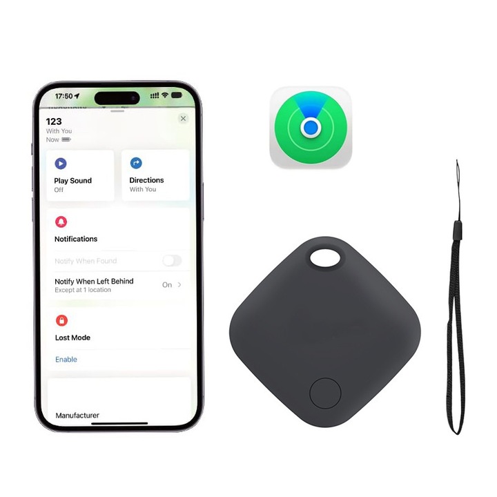 Dispozitiv Antipierdere GPS Tracker, Fudisenn®, Bluetooth, Compatibil IOS, Acoperire Globala, Cautare cu un Singur Clic, Suport cu IOS Find My, cu Localizare in Timp Real, pentru Copii, Animale, Adulti, Chei, Bagaje, Negru