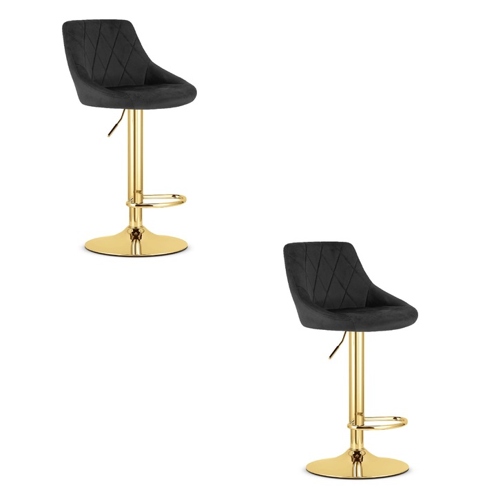 Scaun rotativ KAST, negru cu baza aurie, reglabil inaltime 63-83,5 cm, dimensiuni 45,5x49cm, set 2 buc.