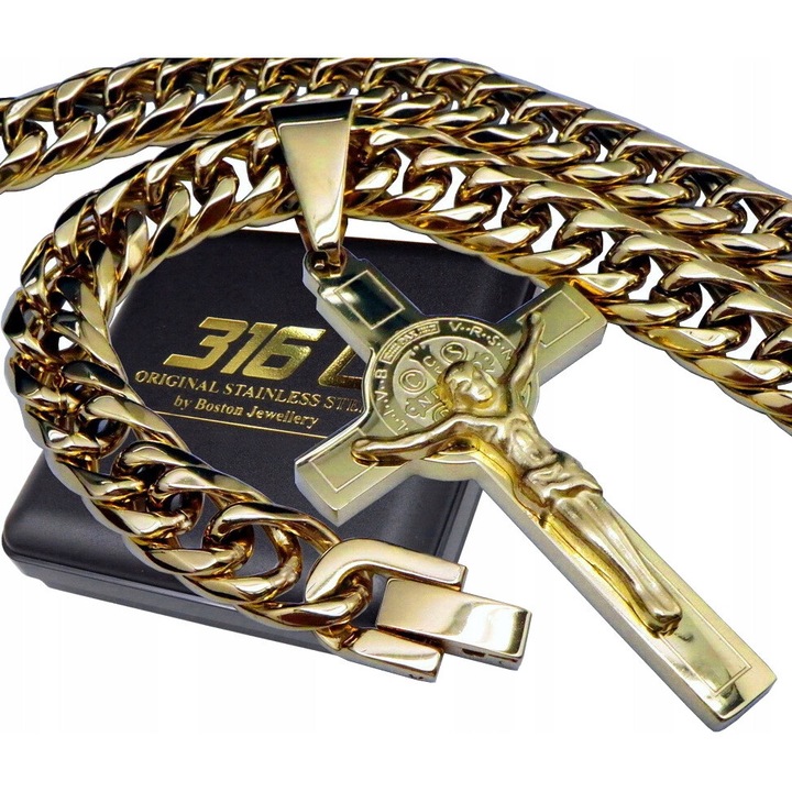 Set lantisor cu cruce, Boston Jewellery, otel chirurgical 316L placat cu aur de 18k, 9mm, 60cm