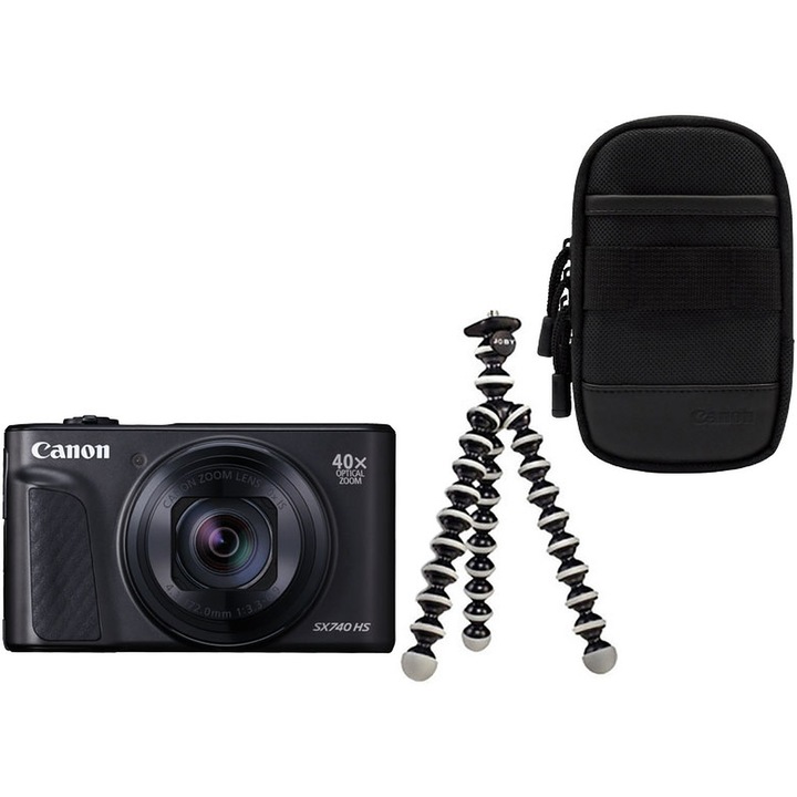 Компактен фотоапарат Canon PowerShot SX740 HS Lite Edition, 20.3MP, 4K UHD, Ultra Zoom 40x, Black, Travel Kit