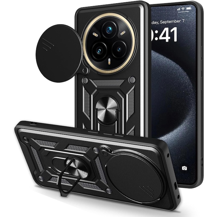 Калъф за Realme 14 Pro+ Plus Ring Armor Kickstand Tough Rugged Cover със защита на камерата, черен
