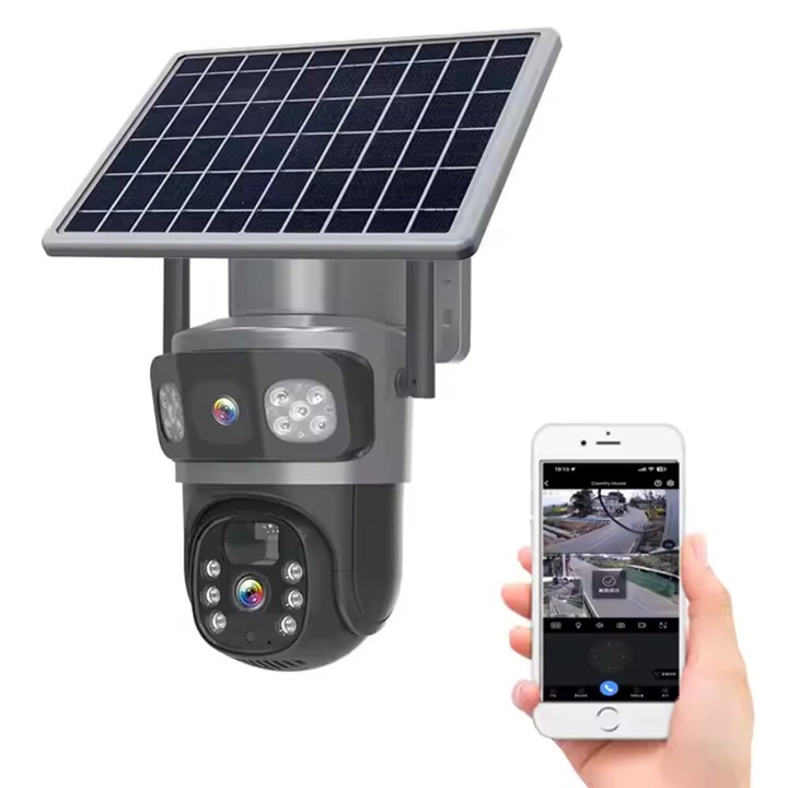 Камера за наблюдение Juls&Sim® 4G SIM карта, 4K UHD, двойно видео и три екрана 4MP x 2 = 8MP, 10x увеличение, 7,5W соларен панел, 8000mAh батерия, двупосочно аудио, нощно виждане/цветен IR
